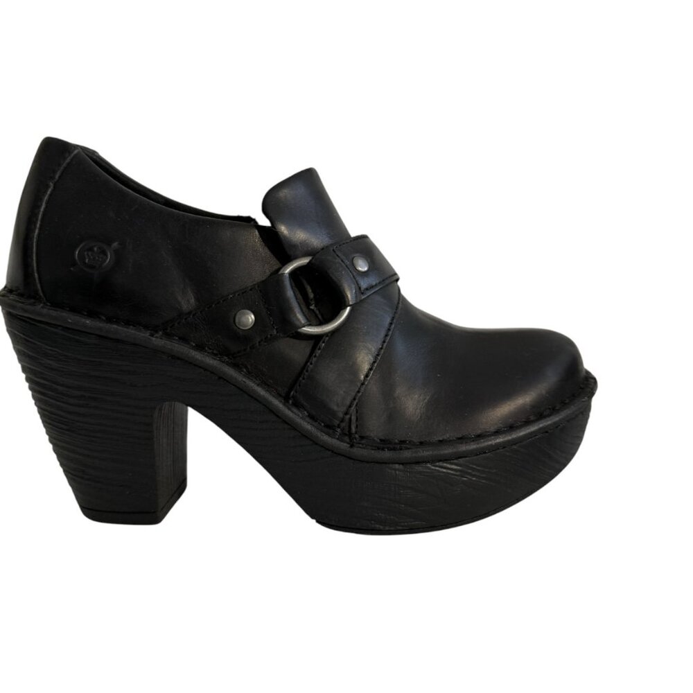 Born Onega Chunky Clogs Block Heels Harness Strap Black Leather Womens 6